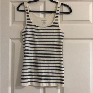 Cream tank top with navy blue sequin strips